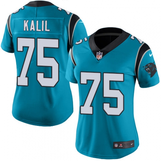 Women's Nike Carolina Panthers 75 Matt Kalil Blue Alternate Vapor Untouchable Limited Player NFL Jersey