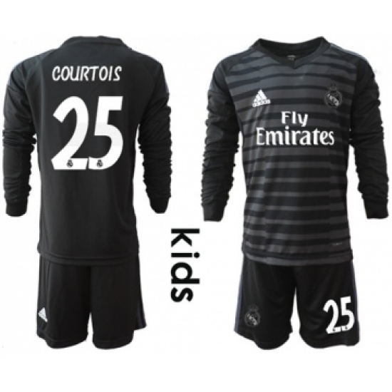 Real Madrid 25 Courtois Black Goalkeeper Long Sleeves Kid Soccer Club Jersey