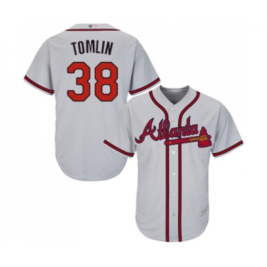 Men's Atlanta Braves 38 Josh Tomlin Replica Grey Road Cool Base Baseball Jersey