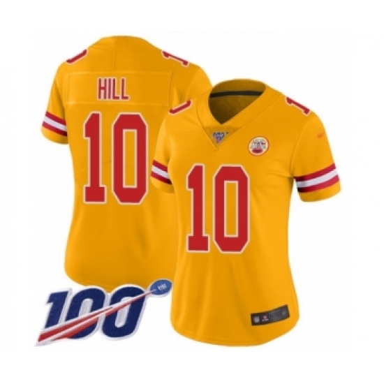 Women's Kansas City Chiefs 10 Tyreek Hill Limited Gold Inverted Legend 100th Season Football Jersey