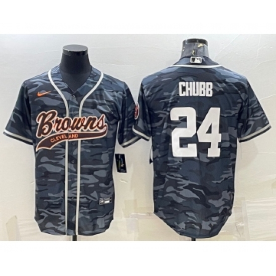 Men's Cleveland Browns 24 Nick Chubb Grey Camo With Patch Cool Base Stitched Baseball Jersey