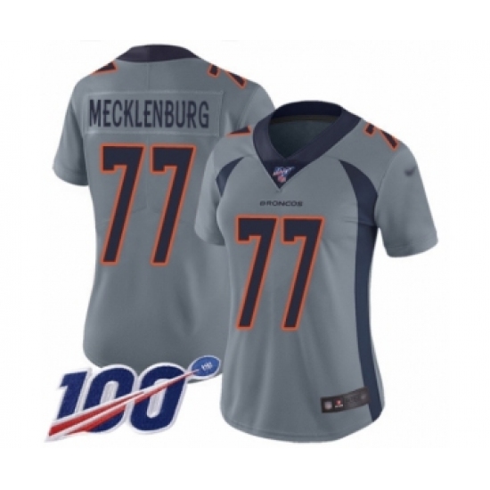 Women's Denver Broncos 77 Karl Mecklenburg Limited Silver Inverted Legend 100th Season Football Jersey