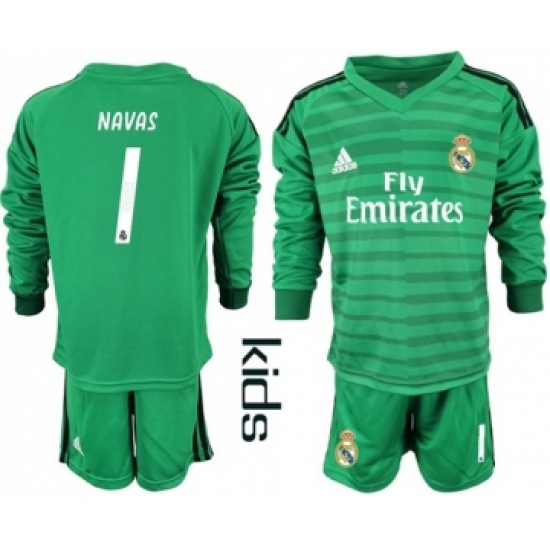 Real Madrid 1 Navas Green Goalkeeper Long Sleeves Kid Soccer Club Jersey