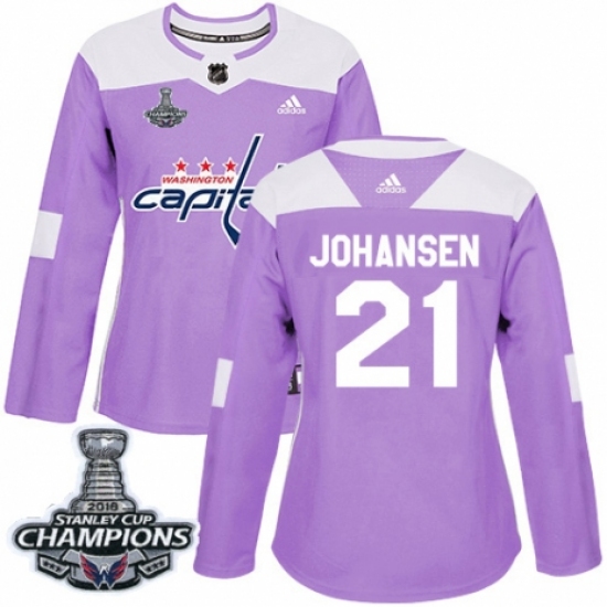 Women's Adidas Washington Capitals 21 Lucas Johansen Authentic Purple Fights Cancer Practice 2018 Stanley Cup Final Champions NHL Jersey