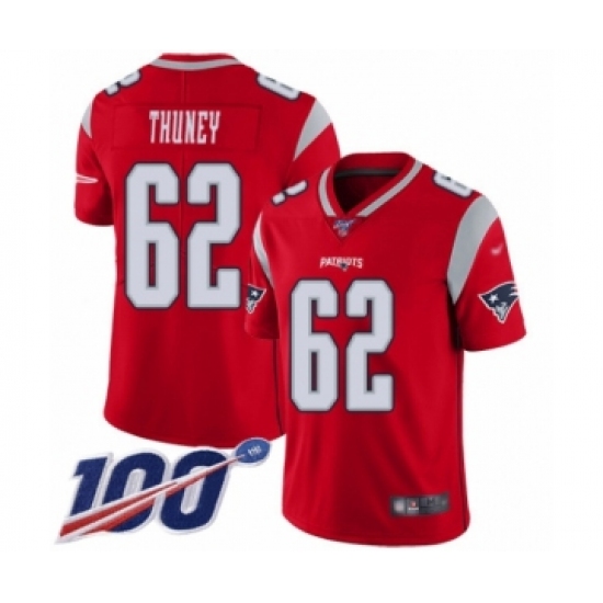 Men's New England Patriots 62 Joe Thuney Limited Red Inverted Legend 100th Season Football Jersey