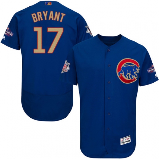 Men's Majestic Chicago Cubs 17 Kris Bryant Authentic Royal Blue 2017 Gold Champion Flex Base MLB Jersey