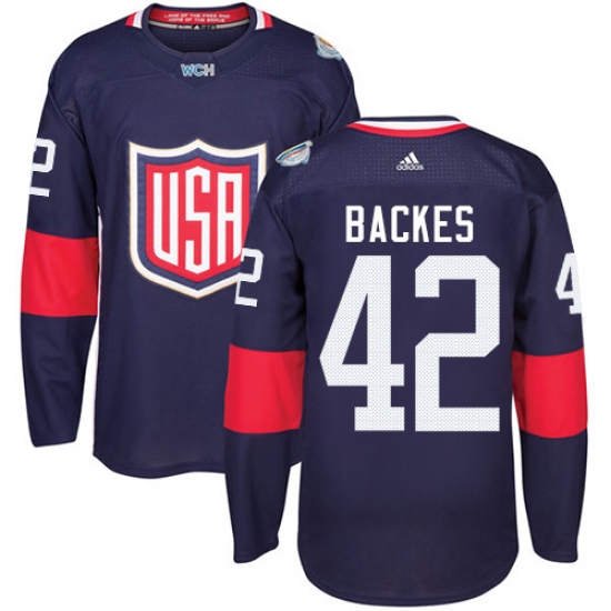 Youth Adidas Team USA 42 David Backes Authentic Navy Blue Away 2016 World Cup Ice Hockey Jersey