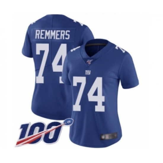 Women's New York Giants 74 Mike Remmers Royal Blue Team Color Vapor Untouchable Limited Player 100th Season Football Jersey