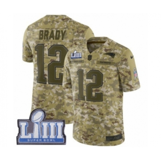 Men's Nike New England Patriots 12 Tom Brady Limited Camo 2018 Salute to Service Super Bowl LIII Bound NFL Jersey