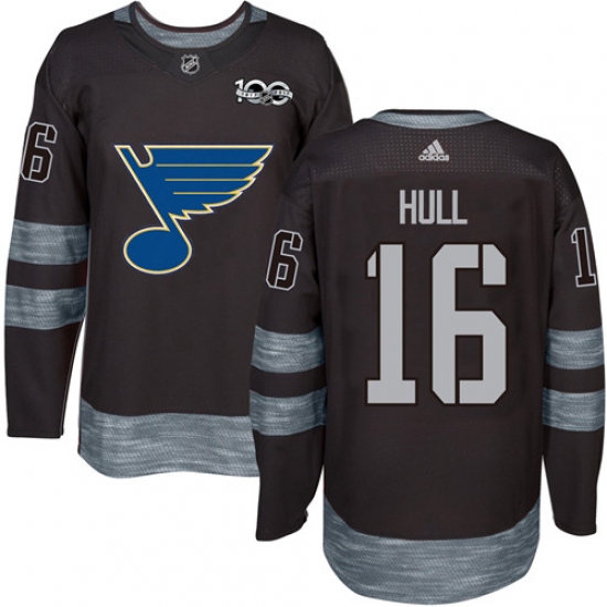 Men's Adidas St. Louis Blues 16 Brett Hull Authentic Black 1917-2017 100th Anniversary NHL Jersey