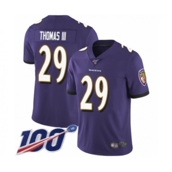 Men's Baltimore Ravens 29 Earl Thomas III Purple Team Color Vapor Untouchable Limited Player 100th Season Football Jersey