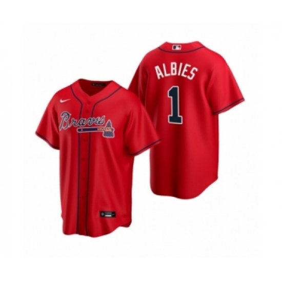 Women Atlanta Braves 1 Ozzie Albies Nike Red 2020 Replica Alternate Jersey