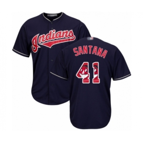 Men's Cleveland Indians 41 Carlos Santana Authentic Navy Blue Team Logo Fashion Cool Base Baseball Jersey