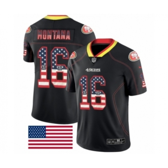 Men's San Francisco 49ers 16 Joe Montana Limited Black Rush USA Flag Football Jersey