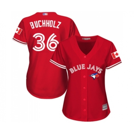 Women's Toronto Blue Jays 36 Clay Buchholz Replica Scarlet Alternate Baseball Jersey