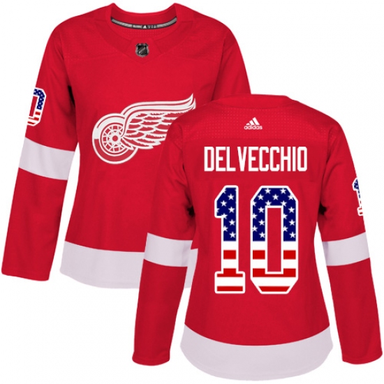 Women's Adidas Detroit Red Wings 10 Alex Delvecchio Authentic Red USA Flag Fashion NHL Jersey