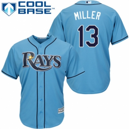 Youth Majestic Tampa Bay Rays 13 Brad Miller Authentic Light Blue Alternate 2 Cool Base MLB Jersey