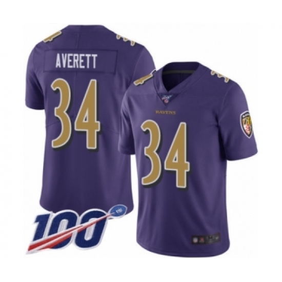 Men's Baltimore Ravens 34 Anthony Averett Limited Purple Rush Vapor Untouchable 100th Season Football Jersey