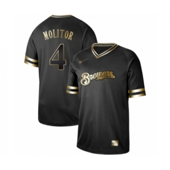 Men's Milwaukee Brewers 4 Paul Molitor Authentic Black Gold Fashion Baseball Jersey