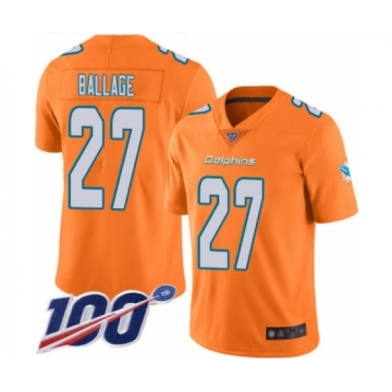 Men's Miami Dolphins 27 Kalen Ballage Limited Orange Rush Vapor Untouchable 100th Season Football Jersey