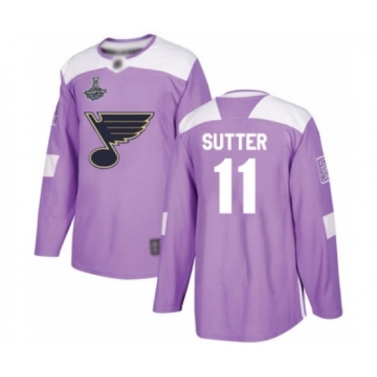 Youth St. Louis Blues 11 Brian Sutter Authentic Purple Fights Cancer Practice 2019 Stanley Cup Champions Hockey Jersey