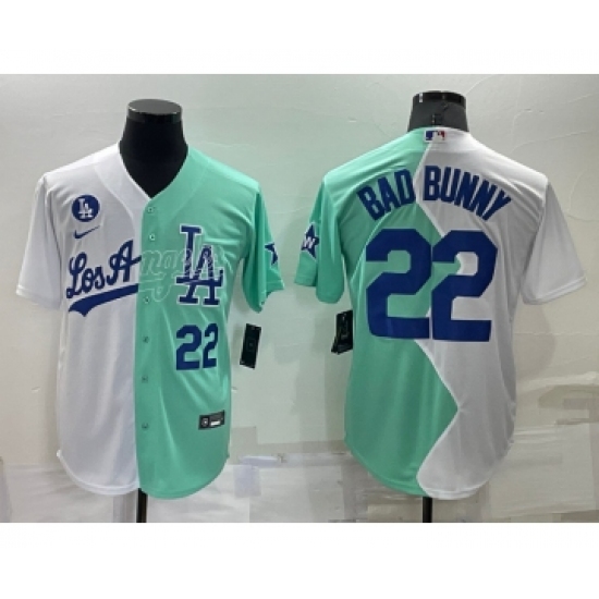 Mens Los Angeles Dodgers 22 Bad Bunny White Green Number 2022 Celebrity Softball Game Cool Base Jersey