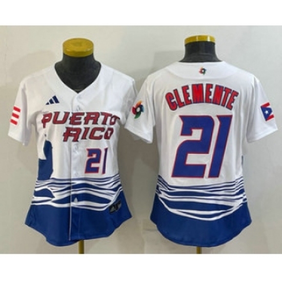 Women's Puerto Rico Baseball 21 Roberto Clemente Number 2023 White World Classic Stitched Jerseys