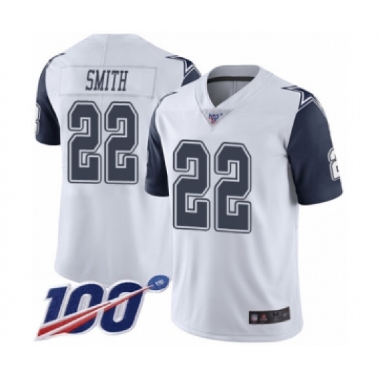 Men's Dallas Cowboys 22 Emmitt Smith Limited White Rush Vapor Untouchable 100th Season Football Jersey