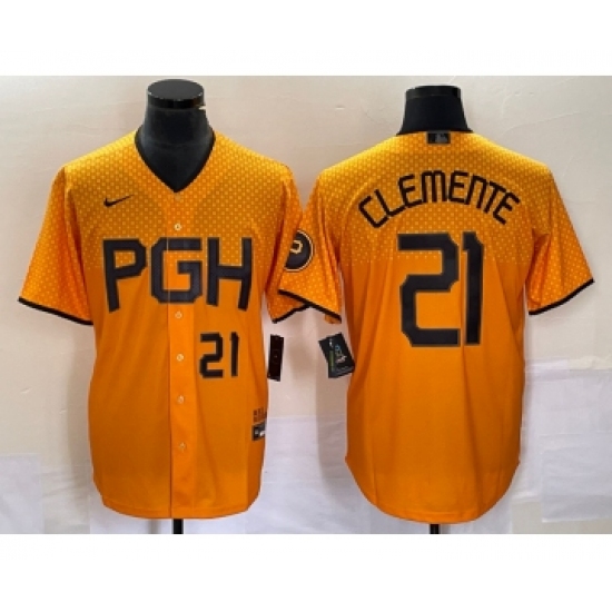 Men's Nike Pittsburgh Pirates 21 Roberto Clemente Number Gold 2023 City Connect Stitched Jersey1