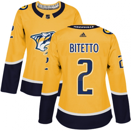 Women's Adidas Nashville Predators 2 Anthony Bitetto Authentic Gold Home NHL Jersey