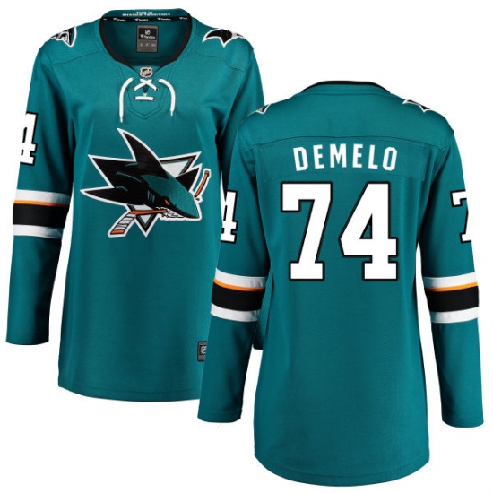 Women's San Jose Sharks 74 Dylan DeMelo Fanatics Branded Teal Green Home Breakaway NHL Jersey