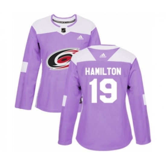 Women's Adidas Carolina Hurricanes 19 Dougie Hamilton Authentic Purple Fights Cancer Practice NHL Jersey