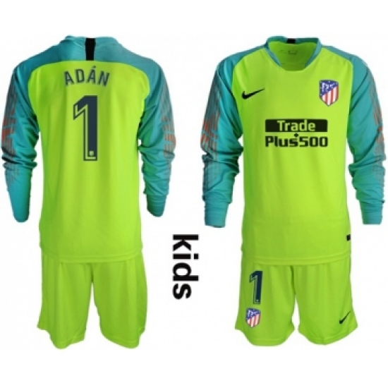 Atletico Madrid 1 Adan Shiny Green Goalkeeper Long Sleeves Kid Soccer Club Jersey