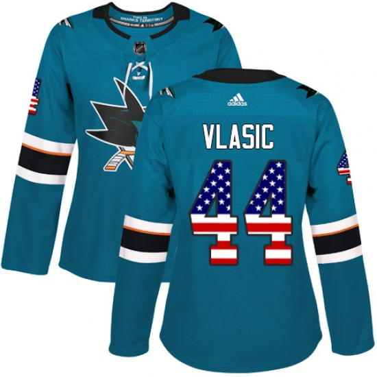 Women's Adidas San Jose Sharks 44 Marc-Edouard Vlasic Authentic Teal Green USA Flag Fashion NHL Jersey