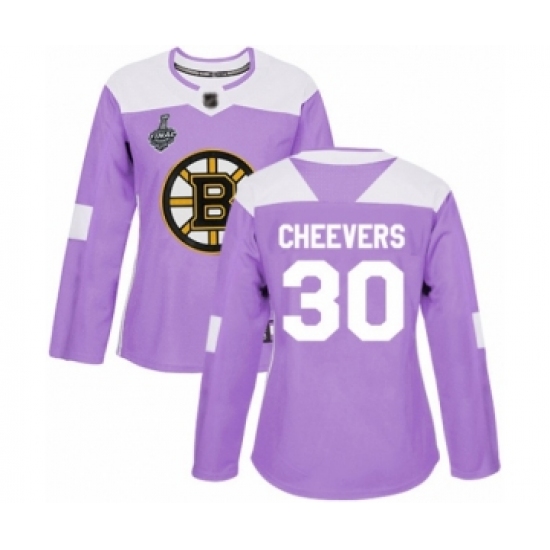 Women's Boston Bruins 30 Gerry Cheevers Authentic Purple Fights Cancer Practice 2019 Stanley Cup Final Bound Hockey Jersey