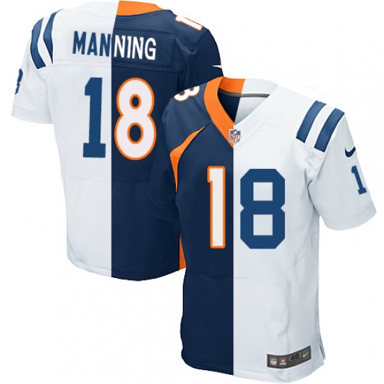 Men's Nike Indianapolis Colts 18 Peyton Manning Elite White/Navy Blue Split Fashion NFL Jersey