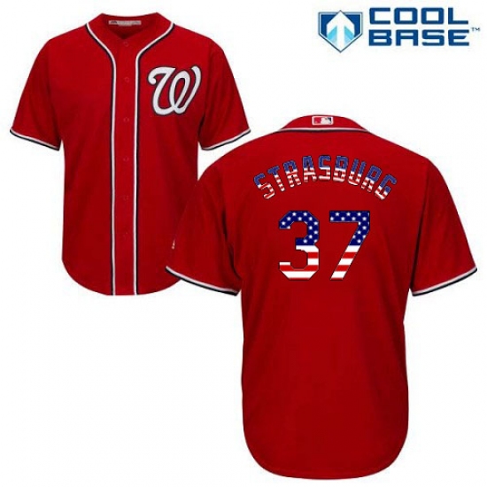 Men's Majestic Washington Nationals 37 Stephen Strasburg Authentic Red USA Flag Fashion MLB Jersey