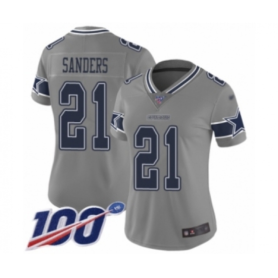 Women's Dallas Cowboys 21 Deion Sanders Limited Gray Inverted Legend 100th Season Football Jersey