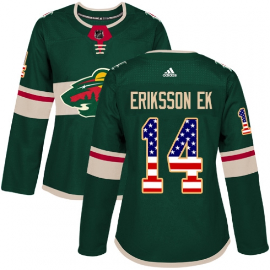 Women's Adidas Minnesota Wild 14 Joel Eriksson Ek Authentic Green USA Flag Fashion NHL Jersey