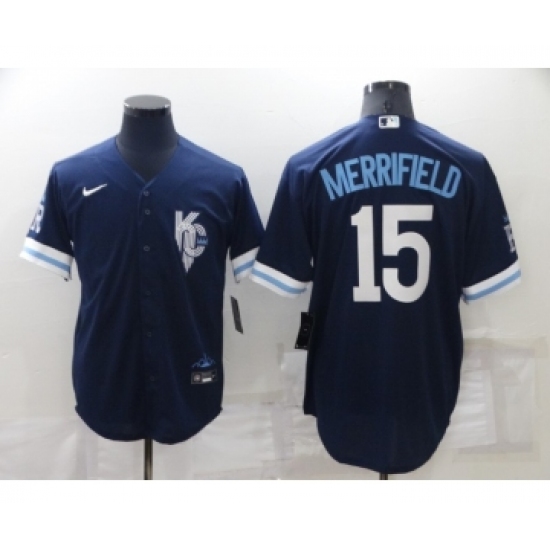 Men's Kansas City Royals 15 Whit Merrifield 2022 Navy Blue City Connect Cool Base Stitched Jersey