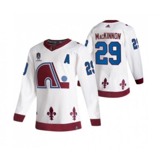 Men's Colorado Avalanche 29 Nathan MacKinnon 2022 White Stanley Cup Champions Patch Stitched Jersey