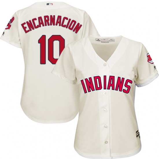 Women's Majestic Cleveland Indians 10 Edwin Encarnacion Replica Cream Alternate 2 Cool Base MLB Jersey