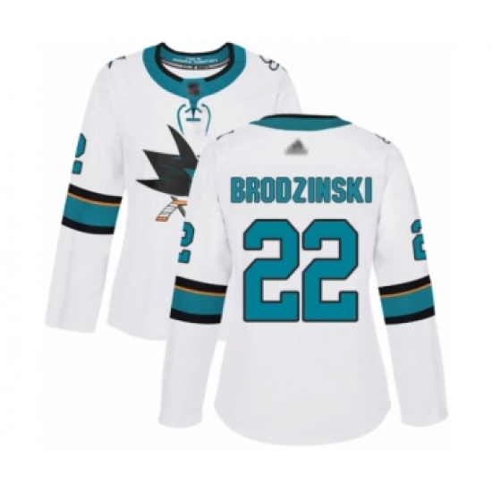 Women's San Jose Sharks 22 Jonny Brodzinski Authentic White Away Hockey Jersey