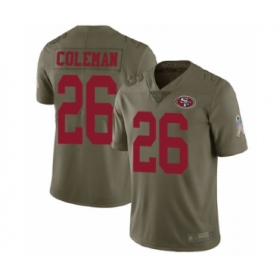 Men's San Francisco 49ers 26 Tevin Coleman Limited Olive 2017 Salute to Service Football Jersey