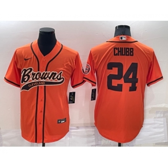 Men's Cleveland Browns 24 Nick Chubb Orange Stitched Cool Base Nike Baseball Jersey
