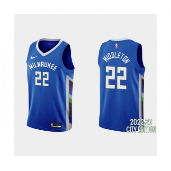 Men's Milwaukee Bucks 22 Khris Middleton 2022-23 City Edition Blue Stitched Basketball Jersey