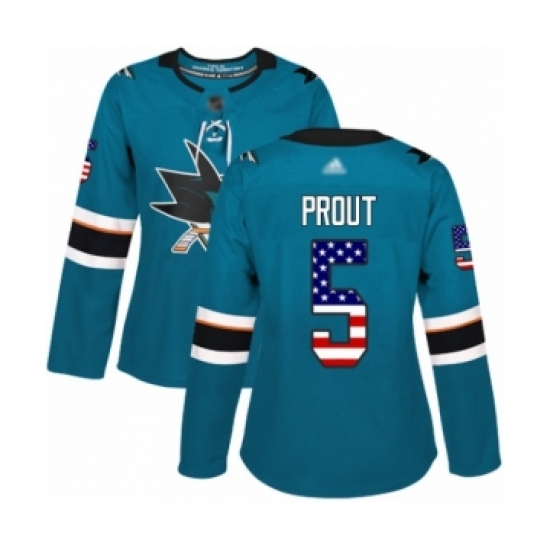 Women's San Jose Sharks 5 Dalton Prout Authentic Teal Green USA Flag Fashion Hockey Jersey