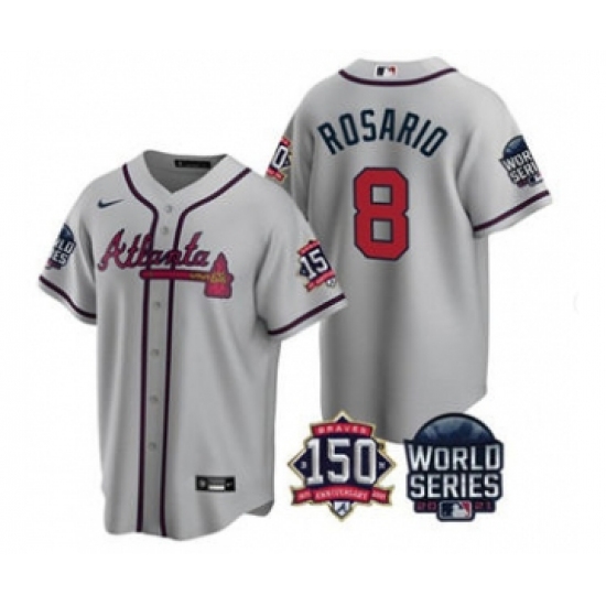 Men's Atlanta Braves 8 Eddie Rosario 2021 Gray World Series With 150th Anniversary Patch Cool Base Stitched Jersey