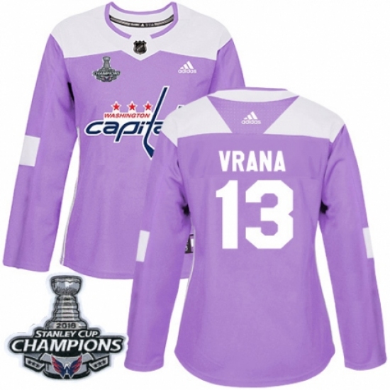 Women's Adidas Washington Capitals 13 Jakub Vrana Authentic Purple Fights Cancer Practice 2018 Stanley Cup Final Champions NHL Jersey