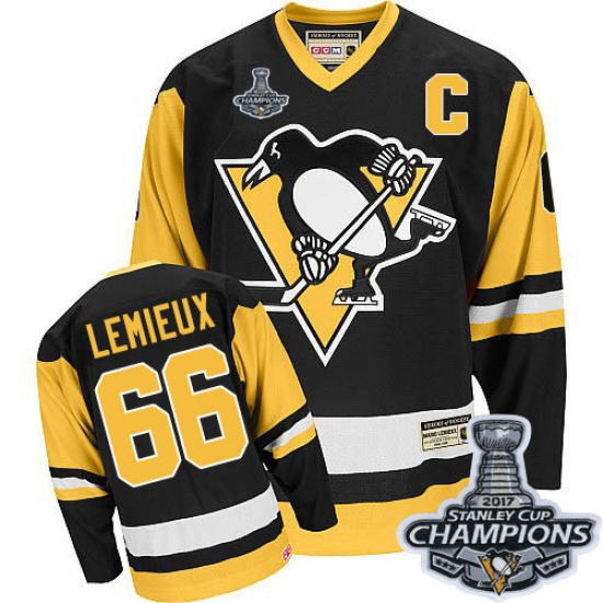 Men's CCM Pittsburgh Penguins 66 Mario Lemieux Authentic Black Throwback 2017 Stanley Cup Champions NHL Jersey